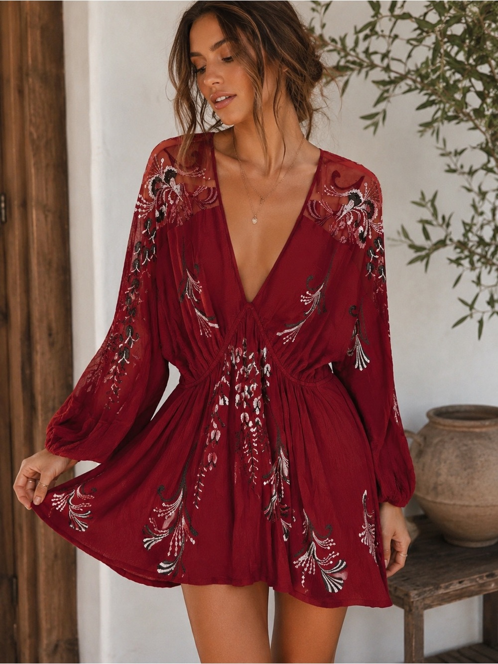 Free People Embroidered Burgundy Boho Mini Dress Romper Mesh Sleeve M L